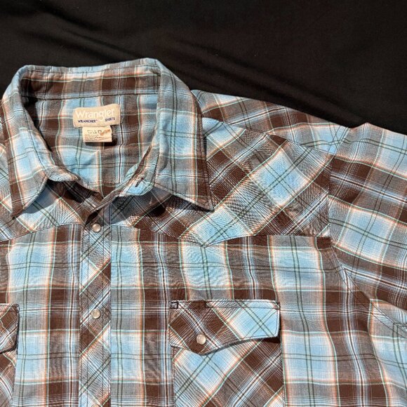Wrangler Wrancher Men's Shirt 3X Blue/Brown Plaid Pearl Snap Short Sleeve - Picture 1 of 8